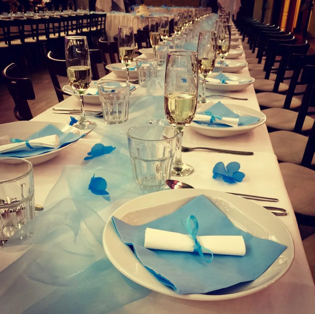 A place setting with glasses, in detail