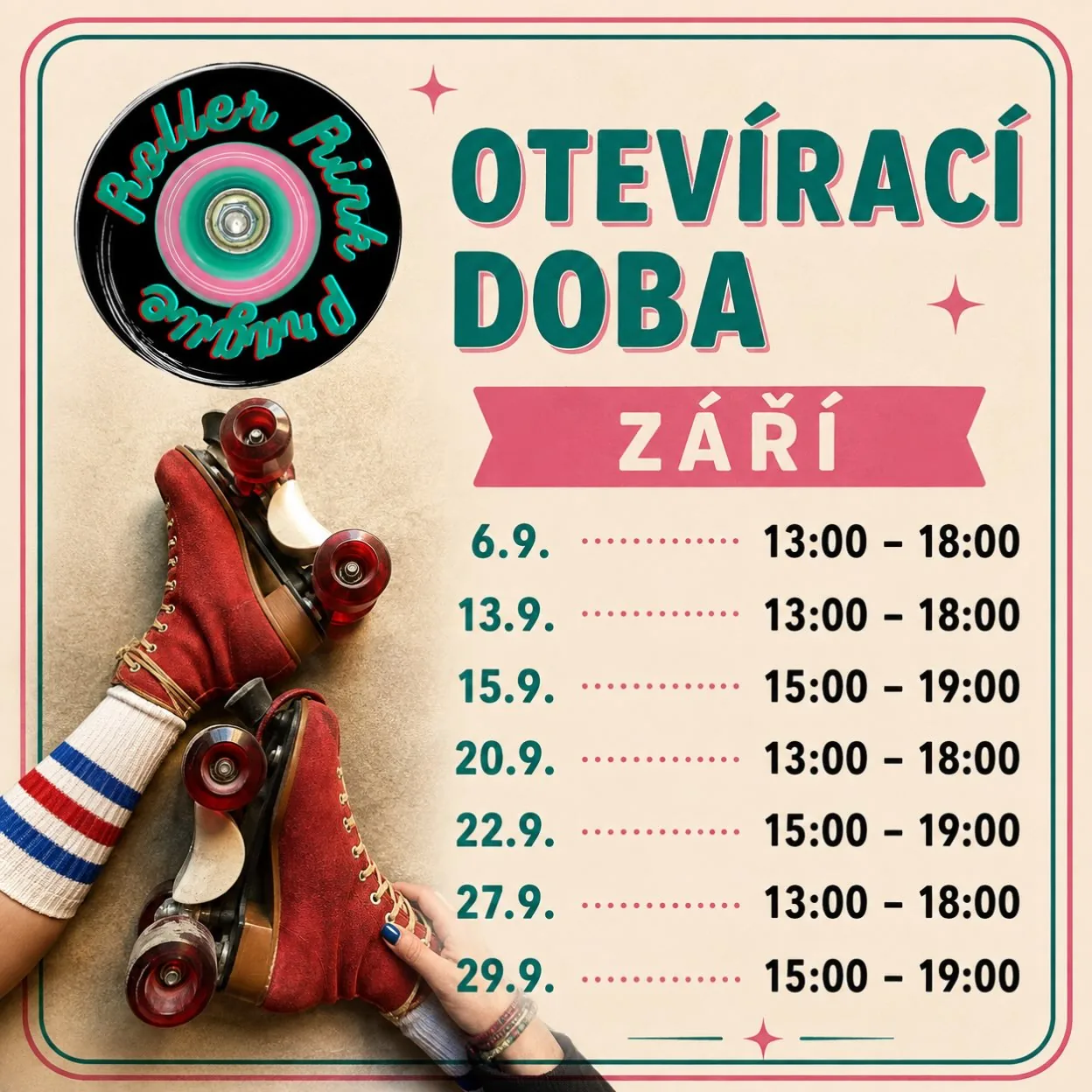 Otevírací doba — Září: 6. 9. 13:00–18:00, 13. 9. 13:00–18:00, 15. 9. 15:00–19:00, 20. 9. 13:00–18:00, 22. 9. 15:00–19:00, 27. 9. 13:00–18:00, 29. 9. 15:00–19:00